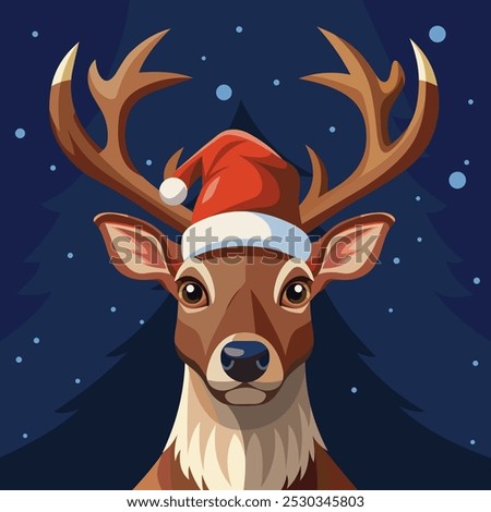 Vector illustration of a portrait of a Christmas deer in a Santa Claus hat against a winter forest background. Festive Christmas design element
