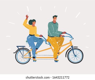 Vector illustration of Portrait of couple riding on tandem bicycle outdoors on white.