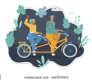 Vector illustration of Portrait of couple riding on tandem bicycle outdoors in evening.