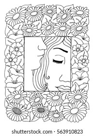 Vector illustration portrait of couples enamored among the flowers. Work done by hand. Book Coloring anti-stress for adults and children. Black and white.