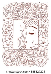 Vector illustration portrait of couples enamored among the flowers. Work done by hand. Book Coloring anti-stress for adults and children.Brown and white.