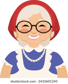 Vector illustration portrait of a cute kind village old lady. A senior woman dressed in rustic style who wears a headscarf, apron and old fashioned jewelry.