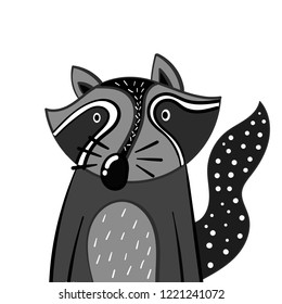 Vector illustration, portrait of cute raccoon on white background.