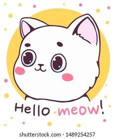 Vector illustration of portrait of cute white little cat with big eyes on yellow background with text. Line art design of kitty head for poster, invitation, greeting card