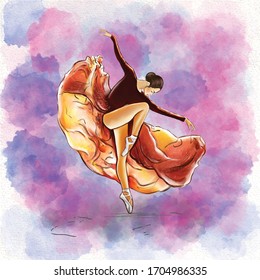 Vector illustration of a portrait of a dancer girl in an orange dress in motion in a watercolor style on a lilac blue textured background