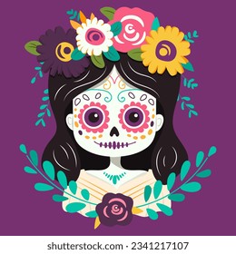 Vector illustration portrait of dead girl with flowers in pink and purple shades for Mexican holiday day of the dead. Celebration print with skull and flowers in cartoune style for textile or object