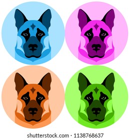 Vector illustration, portrait of dog. Geometric style. color variants of the German Shepherd. Set of colorful puppy