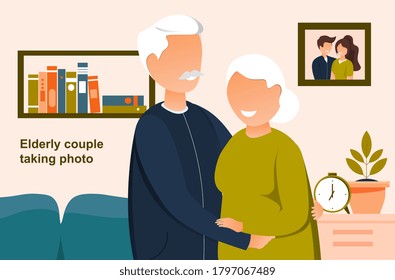 Vector illustration portrait of elderly couple. Happy senior, man and woman hugging each other at home