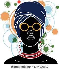 Vector Illustration portrait of  empowered beautiful black woman wearing fashionable clothes and accessories, with colorful circles on the background. From a collection on the concept of black beauty.