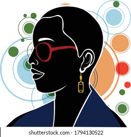 Vector Illustration portrait of  empowered beautiful black woman wearing fashionable clothes and accessories, with colorful circles on the background. From a collection on the concept of black beauty.