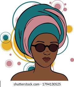 Vector Illustration portrait of  empowered beautiful black woman wearing fashionable clothes and accessories, with colorful circles on the background. From a collection on the concept of black beauty.