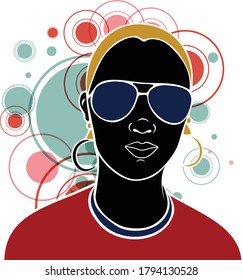 Vector Illustration portrait of  empowered beautiful black woman wearing fashionable clothes and accessories, with colorful circles on the background. From a collection on the concept of black beauty.