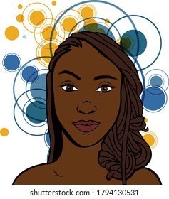 Vector Illustration portrait of  empowered beautiful black woman wearing fashionable clothes and accessories, with colorful circles on the background. From a collection on the concept of black beauty.