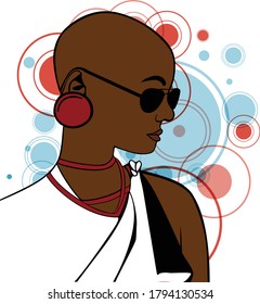 Vector Illustration portrait of  empowered beautiful black woman wearing fashionable clothes and accessories, with colorful circles on the background. From a collection on the concept of black beauty.