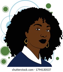 Vector Illustration portrait of  empowered beautiful black woman wearing fashionable clothes and accessories, with colorful circles on the background. From a collection on the concept of black beauty.