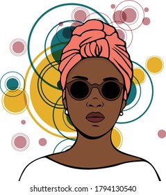 Vector Illustration portrait of  empowered beautiful black woman wearing fashionable clothes and accessories, with colorful circles on the background. From a collection on the concept of black beauty.