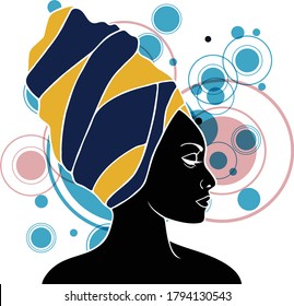 Vector Illustration portrait of  empowered beautiful black woman wearing fashionable clothes and accessories, with colorful circles on the background. From a collection on the concept of black beauty.