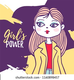 Vector illustration of portrait of a fashion girl in a yellow jacket with long hair on color background with text. Hand drawn flat line art style of model girl for web, site, card, poster