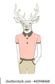 vector illustration - portrait of fashionista deer in stylish polo shirt. Preppy style.