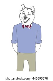 vector illustration - portrait of fashionista dog in half sleeves stylish shirt with bow tie. Preppy and clean look with dress shirt, trousers or jeans and bow tie.