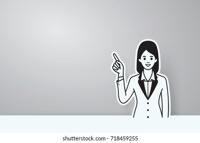 Vector illustration portrait of friendly businesswoman, pointing fingur up in blank space for your copyspace, text, or design, happy and smiling. Outline, linear, sketch style with shadow. 