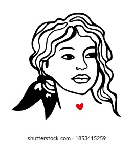 Vector illustration portrait of a girl with a bow in her hair. Black and white drawing of a beautiful girl's face, a red heart on her neck isolated on a white background.