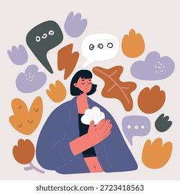 Ilustración vectorial del retrato de la muchacha con la nube en su brazo. Mujer feliz. Concepto de alma.