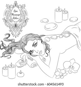 Vector illustration with a portrait of a girl doing stone massage. Line art isolated on white background. Design for a spa, massage and beauty salon, organic health care products