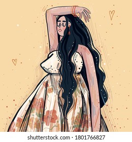 vector illustration, portrait of a girl in flowers wedding dress. suitable as an advertising poster or postcard for a salon with fashionable clothes