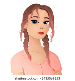 Ilustración vectorial. Retrato de una chica con dos coletas