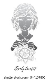 Vector illustration portrait a girl,crochet. Handmade, prints on T-shirts, tattoos