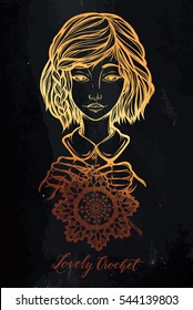Vector illustration portrait a girl,crochet. Handmade, prints on T-shirts, tattoos,background chalkboard,Golden color
