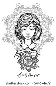 Vector illustration portrait a girl,crochet. Handmade, prints on T-shirts, tattoos, coloring for children and adults, background mandala