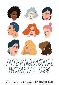 Vector illustration with portrait of girls and lettering for International Women's Day. Perfect as postcard. Feminism related image.