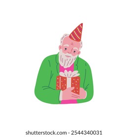 Vector illustration with portrait of grandfather in party hat and gift box. Character with gray hair and beard holds gift in hands. Elderly people birthday. Flat cartoon style on isolated background.