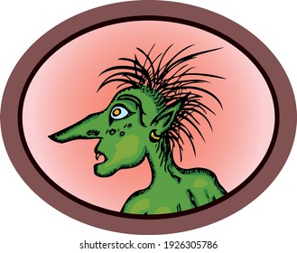Vector illustration of portrait green troll in oval picture frame