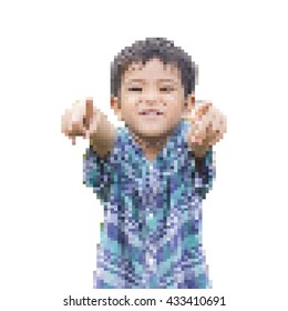 Vector illustration portrait of handsome boy pointing at you isolated on white background