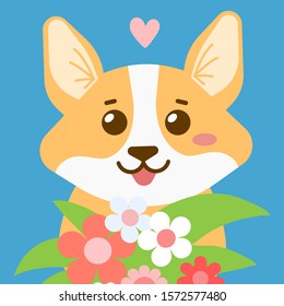 Vector illustration of portrait of happy cute orange and white color dog breed corgi with bouquet of flowers on blue background. Flat style design for web, site, banner, greeting card, sticker, poster