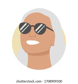 Vector illustration of a portrait of a happy smiling attractive fair-haired woman in a sunglasses. It represents a concept of beauty, joy and happiness. Also can be used as an avatar, icon or badge