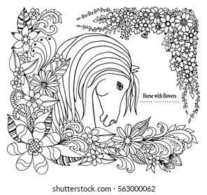 Vector illustration Portrait of a horse in the frame from flowers. Work done by hand. Book Coloring anti-stress for adults and children. Black and white.