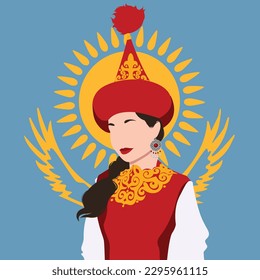 vector illustration portrait Kazakhstan woman in national costume on the background of the traditional flag a gold sun with 32 rays above a soaring golden steppe eagle