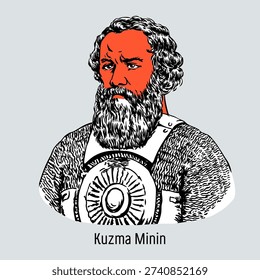 Vector illustration or portrait of Kuzma Minin, the organizer of the Second Volunteer Army that liberated Moscow in 1612. Key figure of the Time of Troubles and Russian national unity