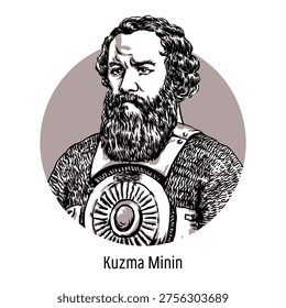 Vector illustration or portrait of Kuzma Minin, the organizer of the Second Volunteer Army that liberated Moscow in 1612. Key figure of the Time of Troubles and Russian national unity