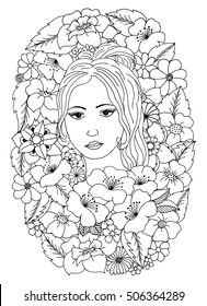 Vector illustration, portrait of a lady among the flowers. Coloring Book, anti-stress for adults. Black and white.