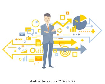 Vector illustration of a portrait of the leader of a businessman wearing a jacket with clasped hands on his chest stands near the scheme of business processes on white background 