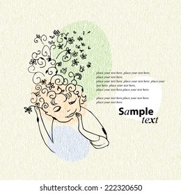 Vector illustration  portrait of little girl with flowers into her hair. Hand drawn theme. Drawing in elegant decorative style. Good for background, textile, books, cards, invitation and shop stuff.