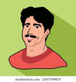 vector illustration portrait of man avatar with beard or vector face cartoon with black hair red color shirt with green color background 