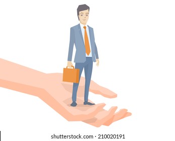 Vector illustration of a portrait of a man in a jacket lawyer with a briefcase in his hand standing together on palm of the hand on white background