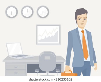 Vector illustration of a portrait of a man in a jacket lawyer with a briefcase in his hand stands on office background 