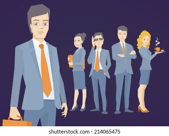 Vector illustration of a portrait of a man in a jacket lawyer with a briefcase in his hand on dark background of business team of young businesspeople